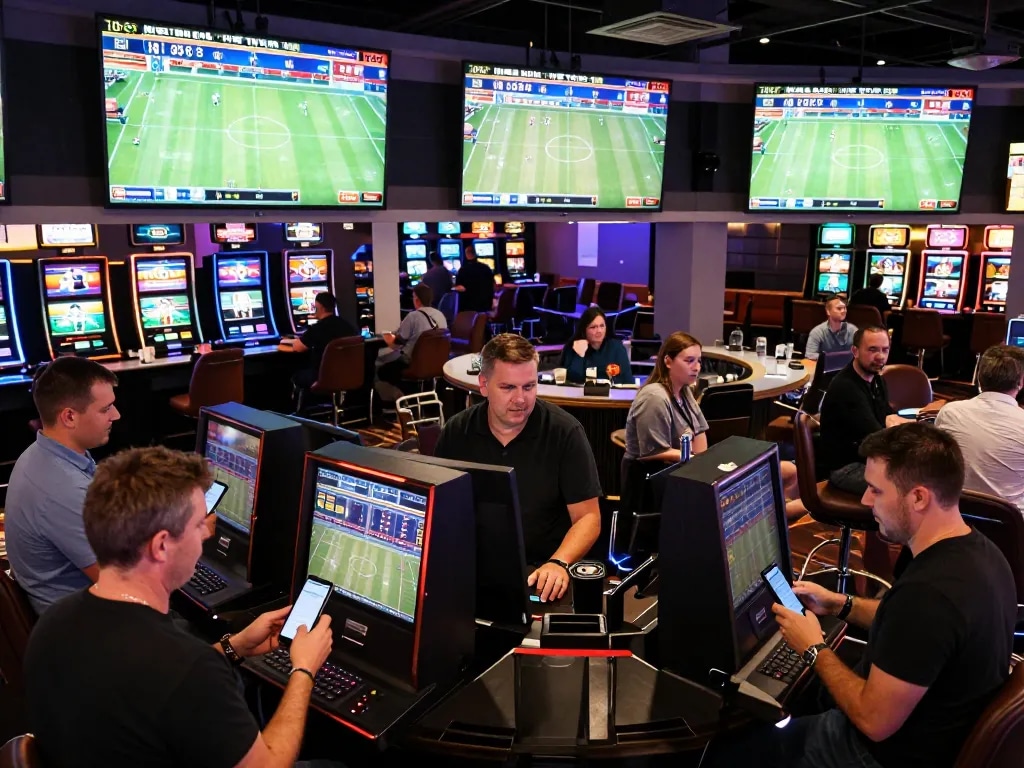 Engaged bettors reviewing tr88 sports betting options at a lively casino.