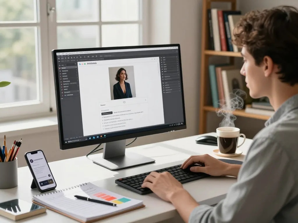 Young professional generating detailed image to prompt text in a modern workspace.