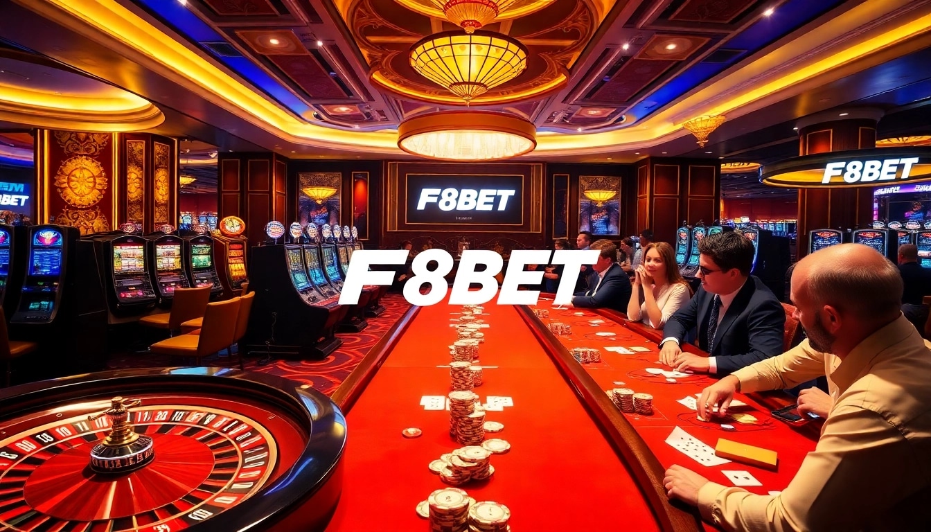 F8BET vibrant casino scene with roulette, slots, and engaged gamblers playing.