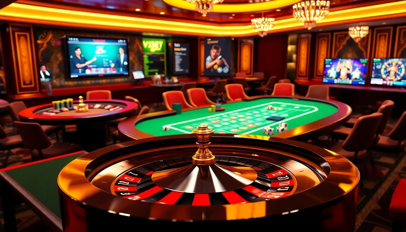 Experience thrilling online gambling at https://vsbet3.net/ with casino tables, poker chips, and roulette wheels.