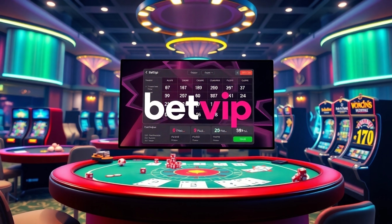 Cảnh cá cược trực tuyến hấp dẫn tại Betvip, với bàn casino và máy đánh xèng.
