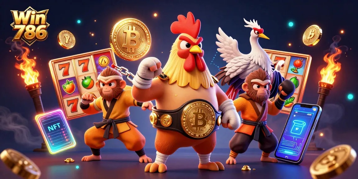 Win 786 casino scene featuring Muay Thai rooster and Shaolin monkey among slot reels and crypto coins.