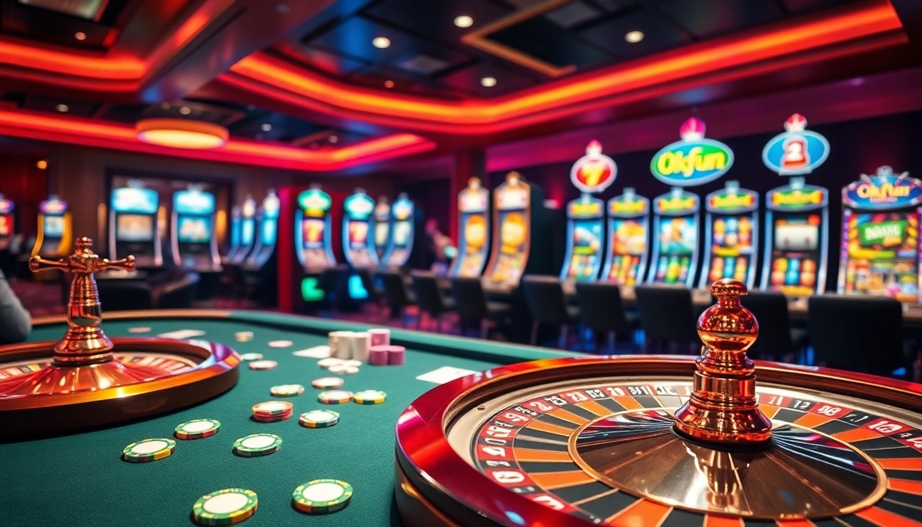 Engage in thrilling gameplay at Okfun Casino with vibrant slot machines and a lively roulette wheel.