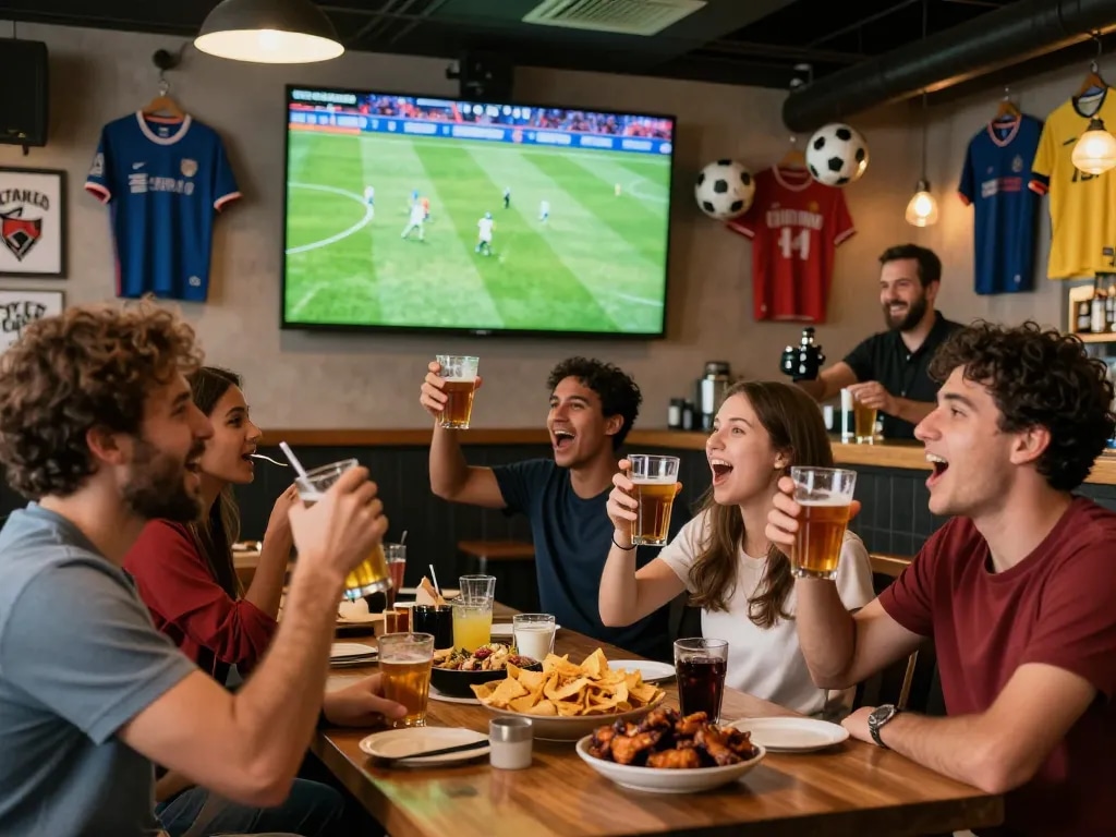 Cakhia fans cheering in a sports bar during a live soccer match, showcasing excitement and community.