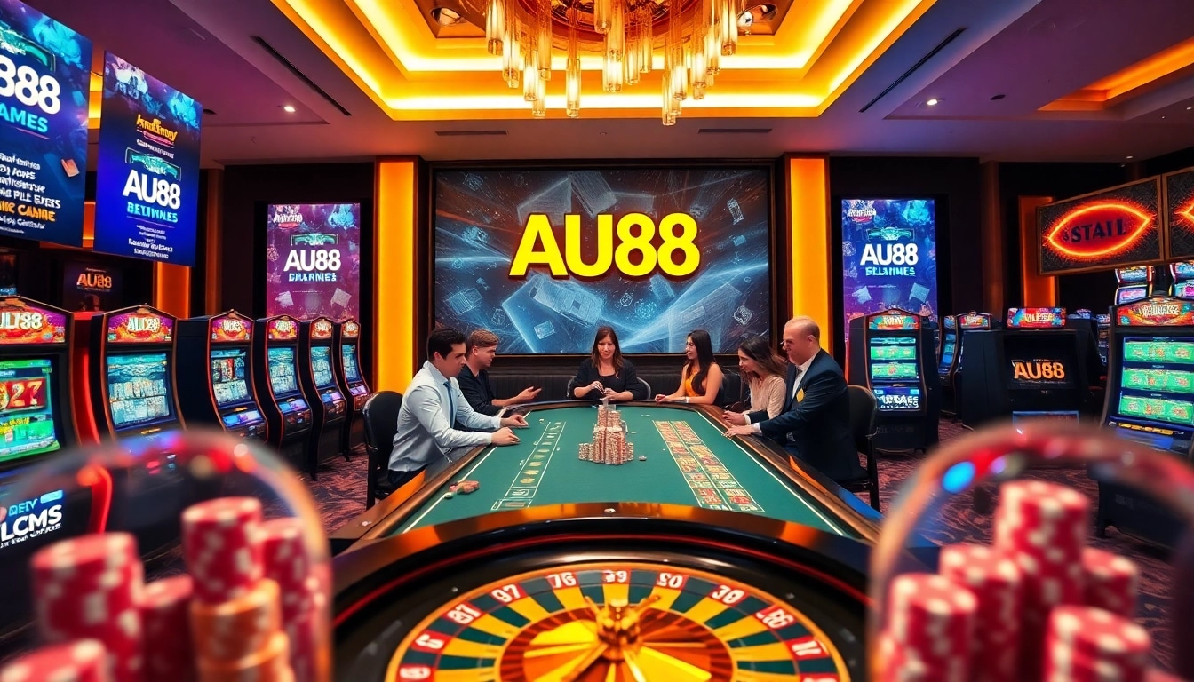 Players enjoying an exciting gaming experience at AU88 casino with vibrant slot machines and dynamic tables.