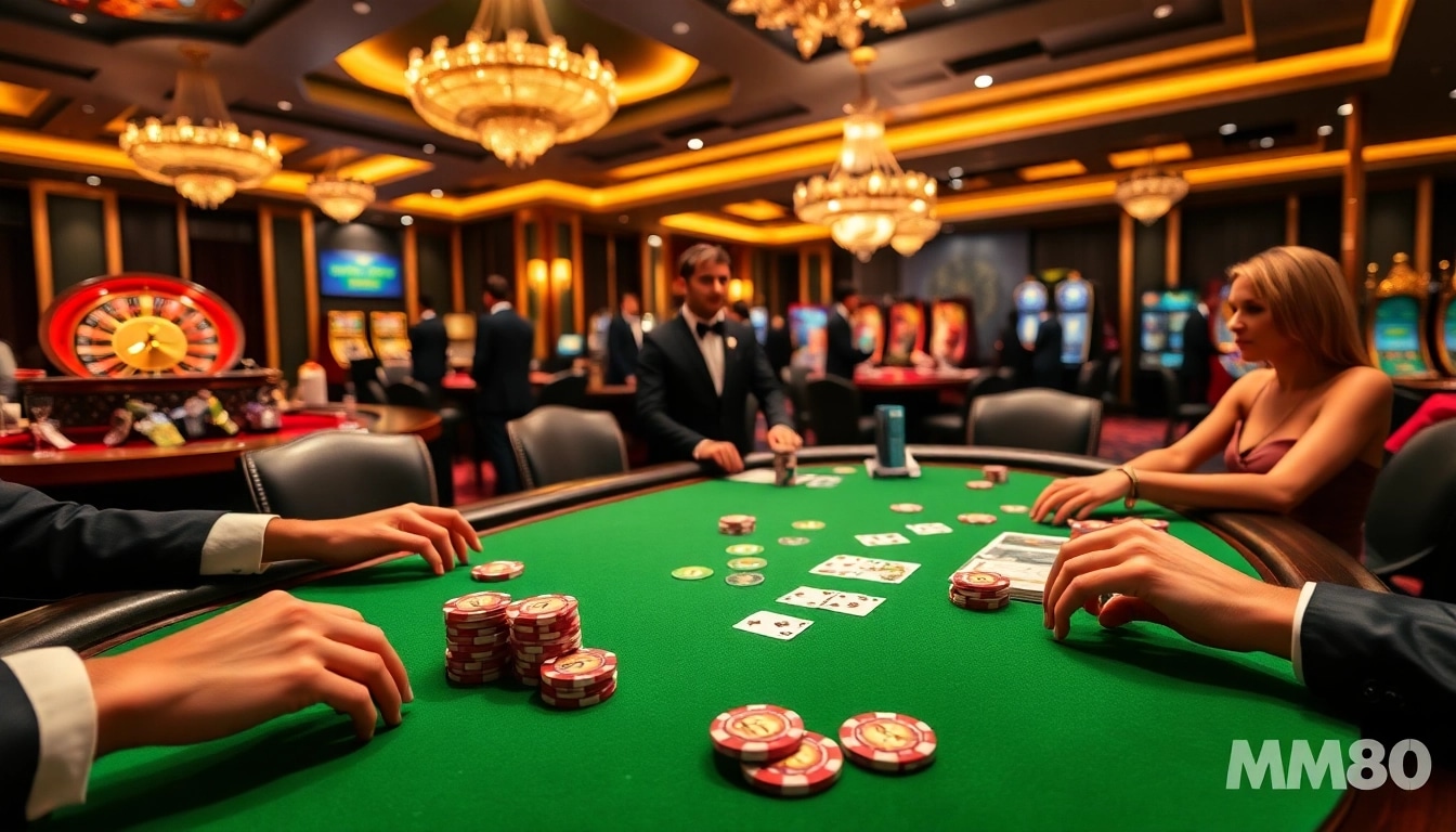 MM88 poker table with vibrant chips and engaged players in a luxurious casino setting.