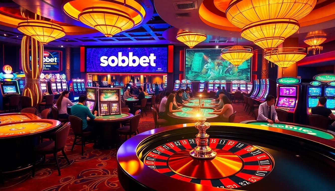 SBOBET's lively casino scene with players at gaming tables and slot machines, showcasing excitement and luxury.