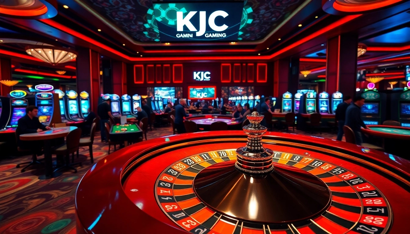 Players enjoying dynamic KJC casino games with roulette, chips, and vibrant slot machines.