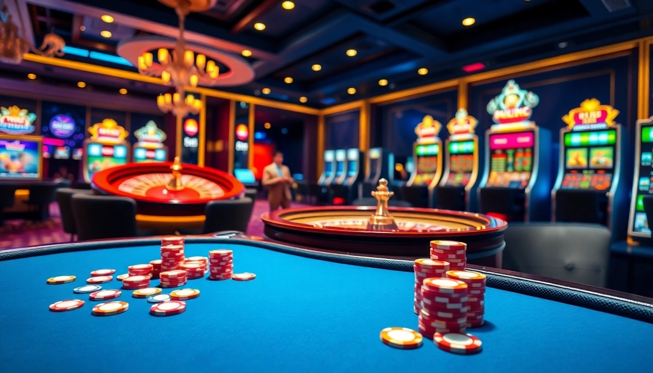 Experience the excitement of tk88 with vibrant casino tables and glowing slot machines.