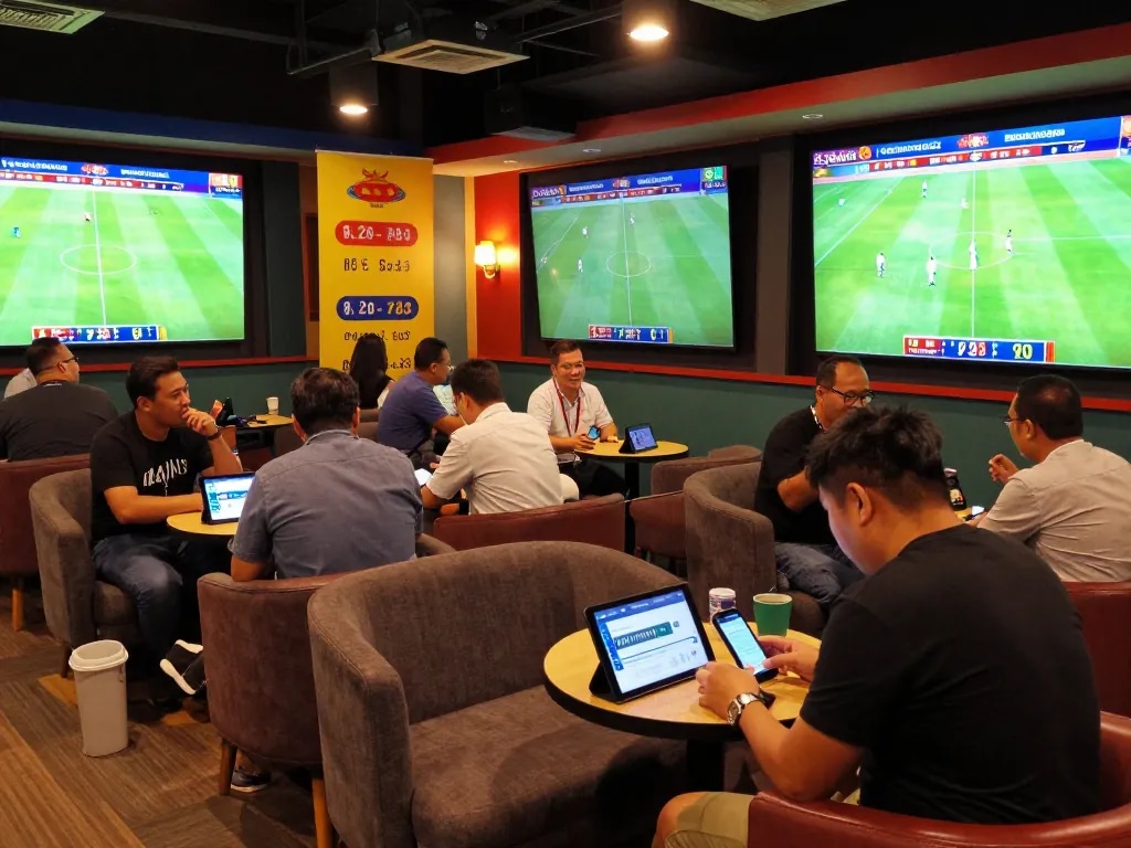 Engaged sports bettors using the keonhacaii88 app for live soccer betting in a lively lounge setting.