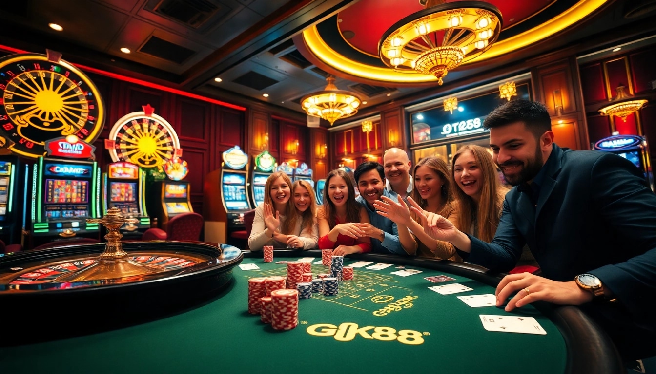 Engaging scene of excitement at the GK88 casino with players celebrating around a roulette table.