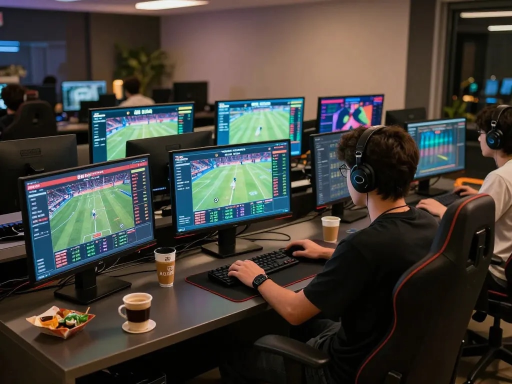 Person engaged in online betting experience at 88fc with multiple screens showing live sports events.