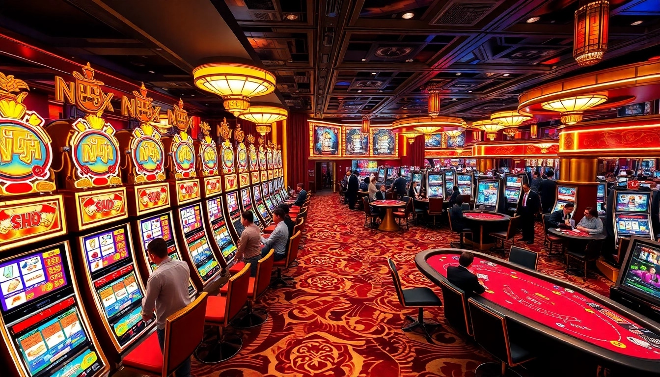 Players enjoying the thrilling nổ hũ slot machines in a luxurious casino environment.