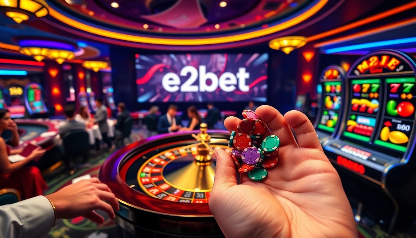 Experience excitement with e2bet's vibrant casino scene, highlighting roulette, poker chips, and gaming interfaces.