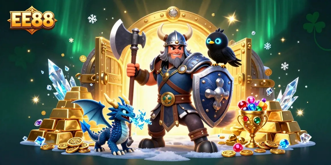 Engage with thrilling adventures at EE88 featuring a Viking wolf warrior and dragon amidst treasures.