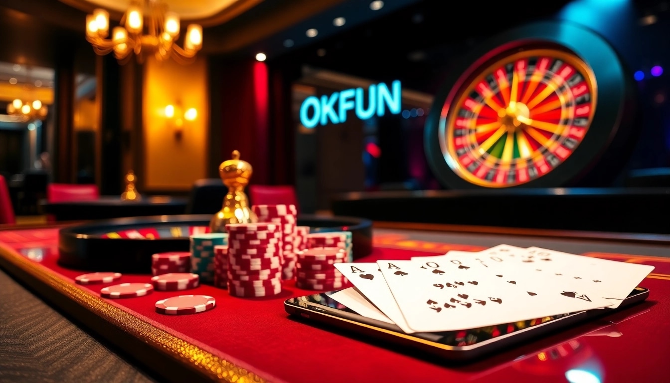 Engaging scene of OKFUN đăng Ký on a luxurious casino table with colorful poker chips and online betting slips.