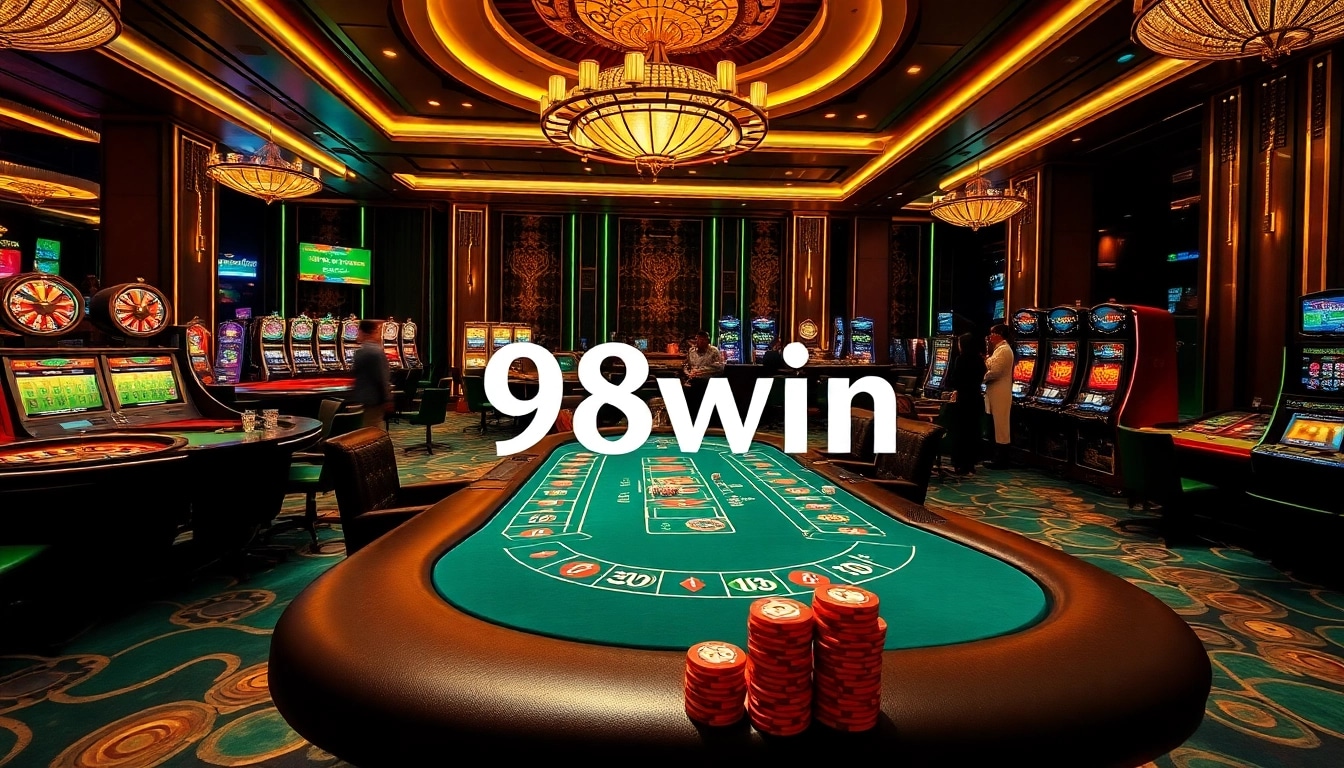 Players in a lively casino poker room engage with 98win01, showcasing excitement and luxury gambling.