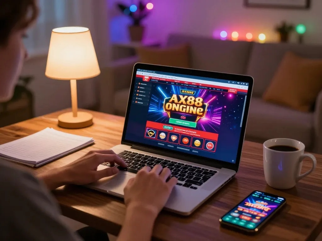 Engaging online gaming scene featuring AX88 casino platform with laptop setup, comfortable atmosphere