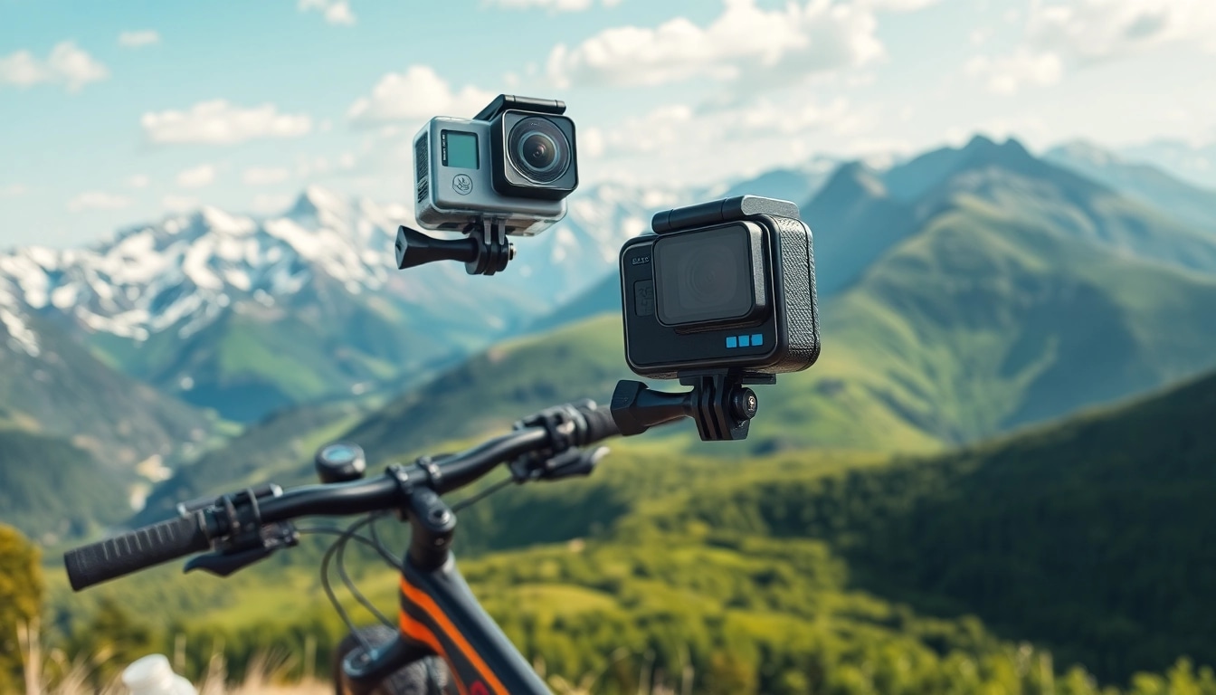 Action camera mounted on a mountain bike in a scenic outdoor adventure.