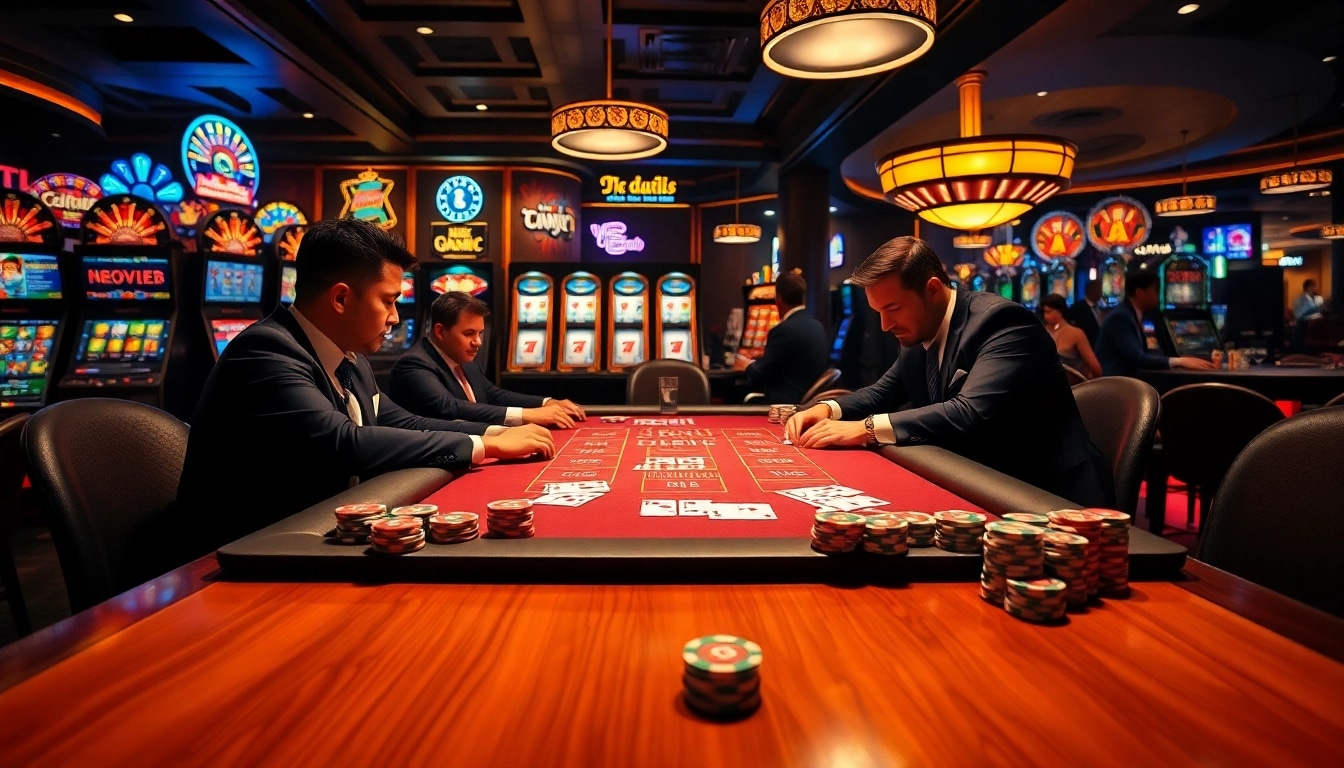 Experience thrilling gameplay at Haywin's luxurious poker table with colorful chips and bright slot machines.