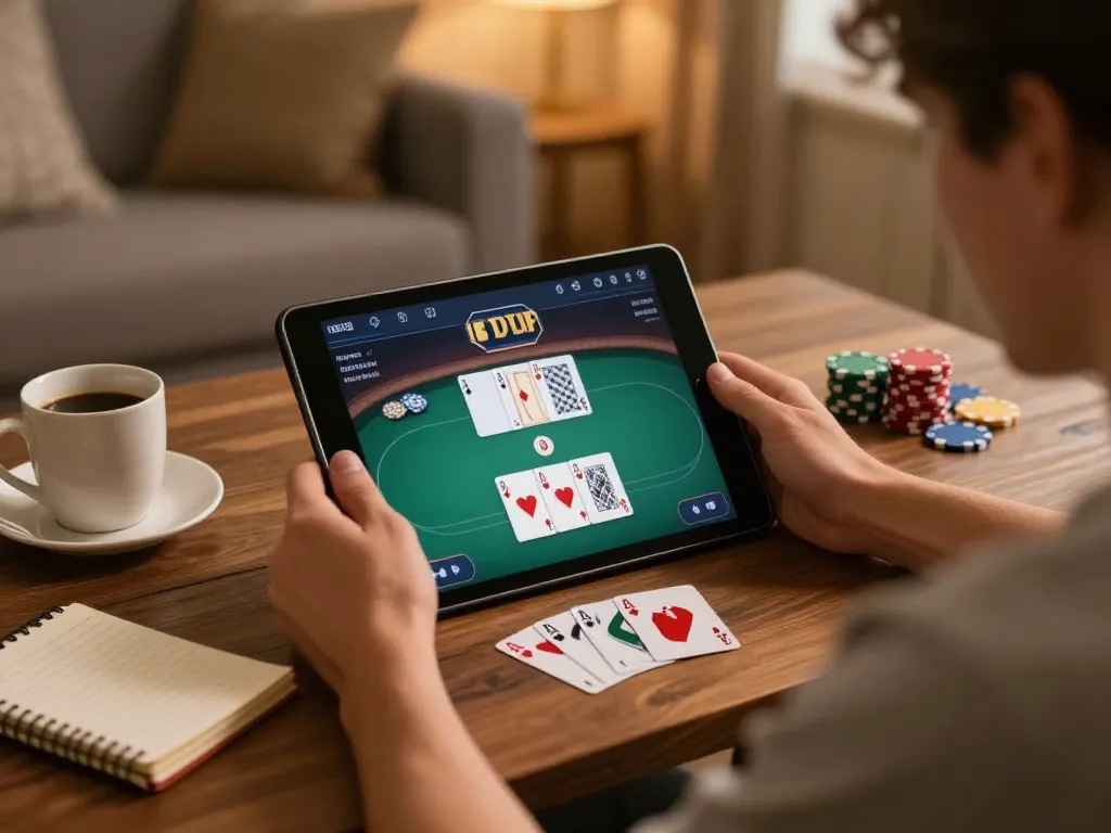 Player engaging in live poker on tablet at home, showcasing dh88a's online casino experience