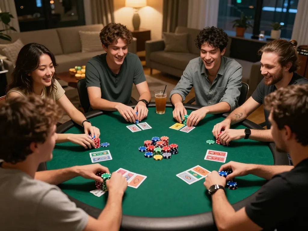 Alo789 poker night with friends enjoying table gaming, colorful chips, and strategy discussion