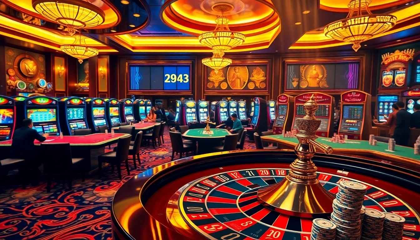 Players celebrating wins at 98win casino tables with vibrant slot machines in the background.