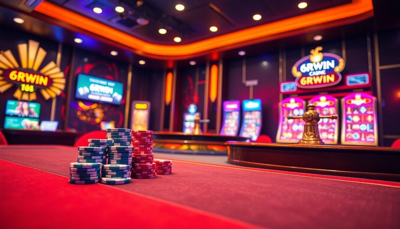 6RWIN online gambling scene showcasing poker chips and a roulette wheel.