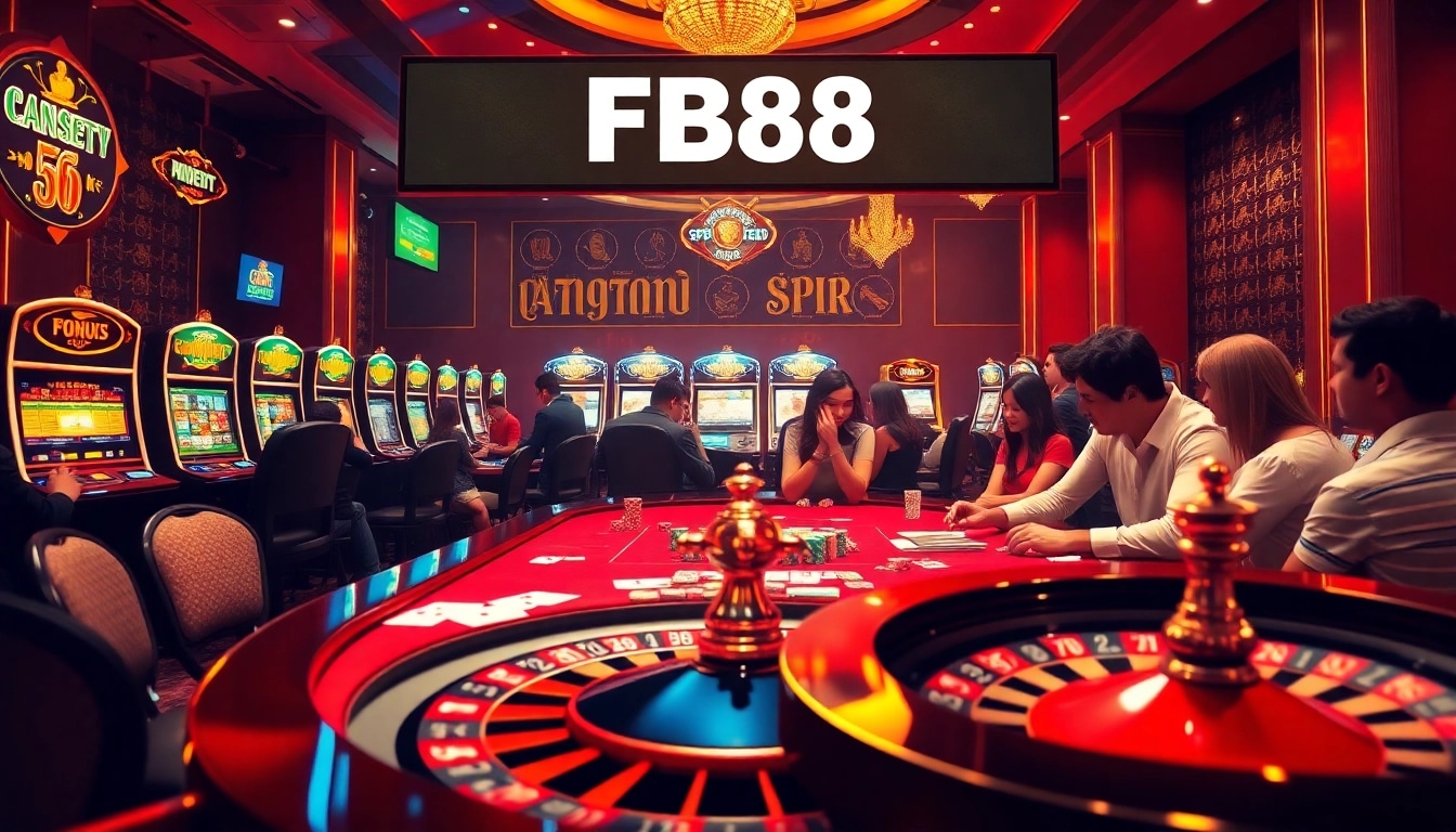 Experience the thrill of gaming at FB88's luxurious casino setting with a lively poker table, eager players, and brilliant roulette wheels.