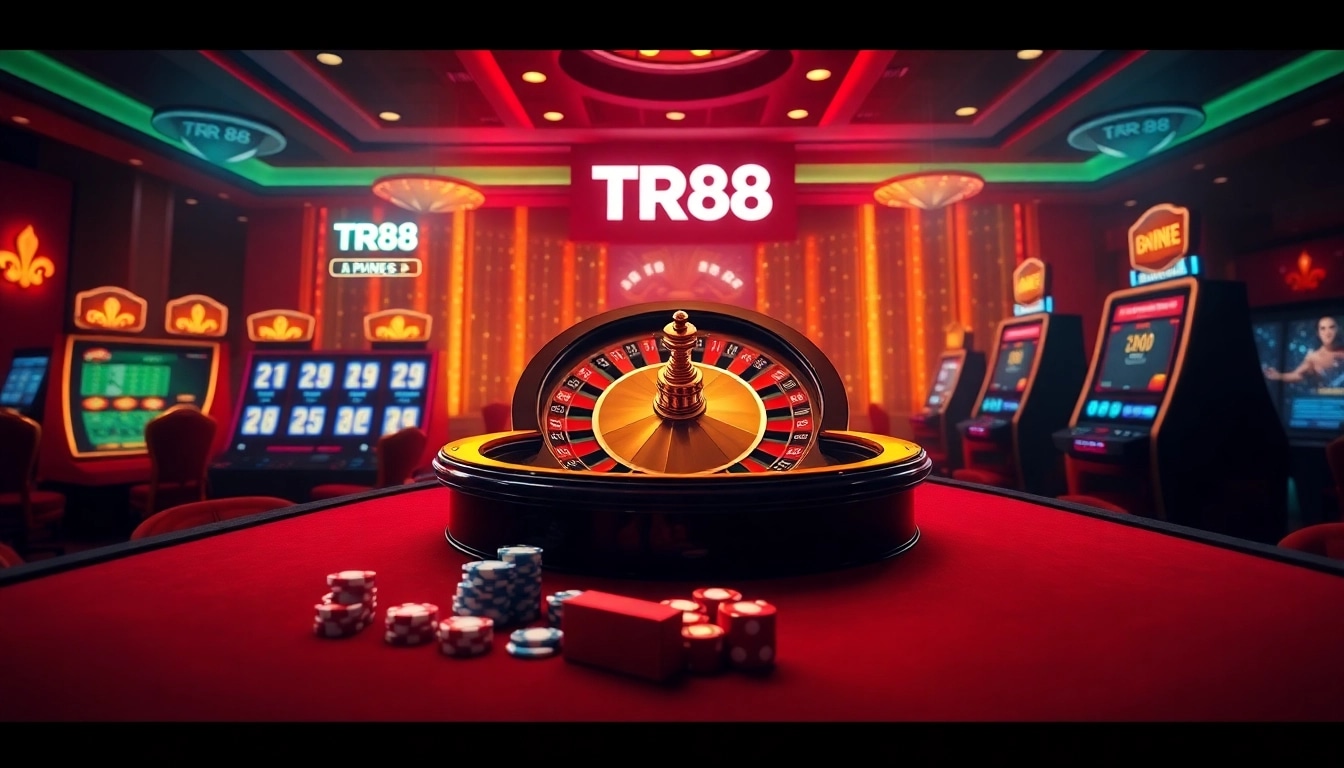 Experience the excitement of TR88 at our stylish online casino setting with vibrant lights and games.