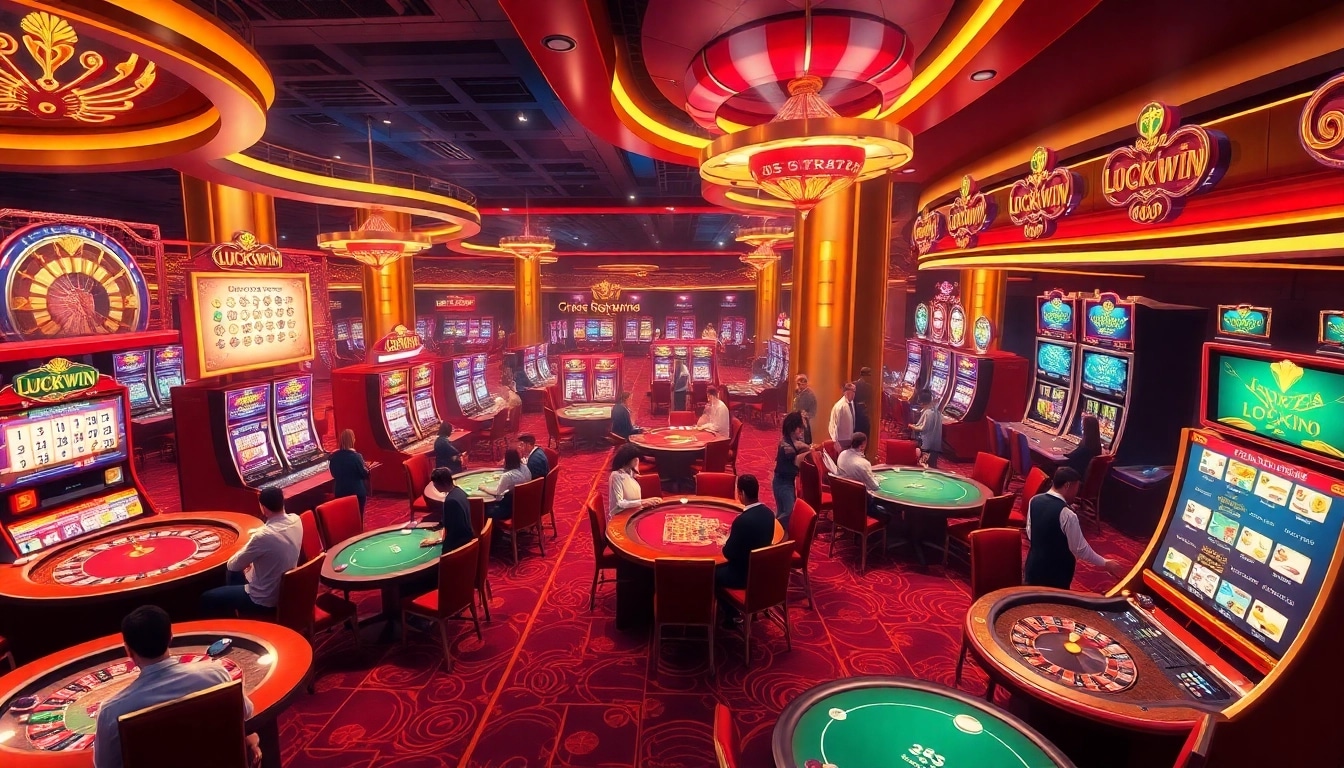 Exciting luckywin lottery scene showcasing vibrant casino games and celebrating players.