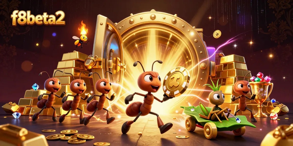 Ants carrying a golden poker chip in f8beta2 heist scene filled with treasures and jewels