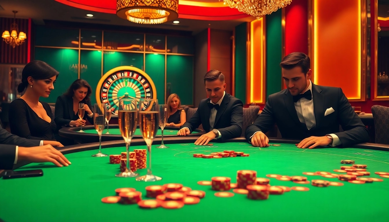 KJC players engaged in a thrilling poker game, showcasing cards and chips in an upscale casino setting.