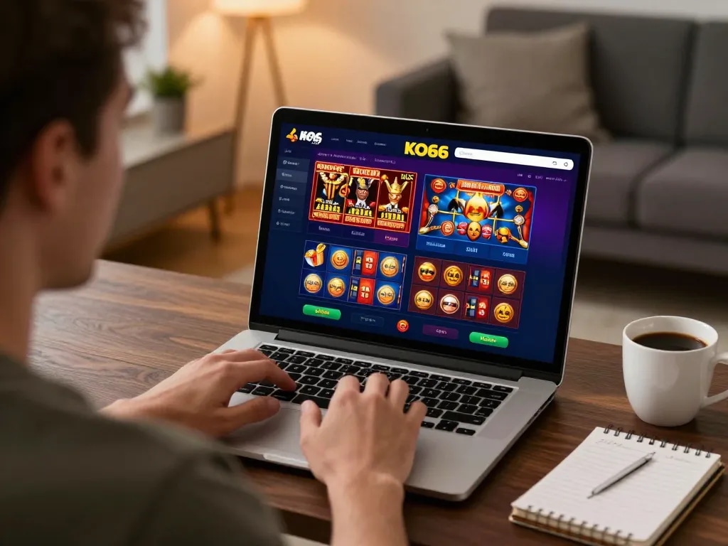 Player engaging with KO66 online casino, showing gaming interface with strategy notes nearby