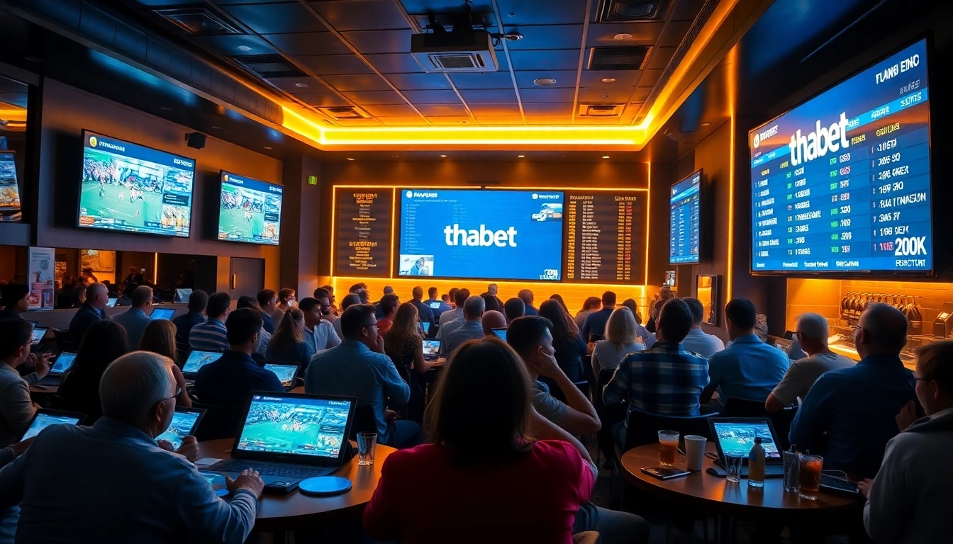 Patrons engaging in sports betting at a vibrant lounge featuring 'thabet' odds on display.