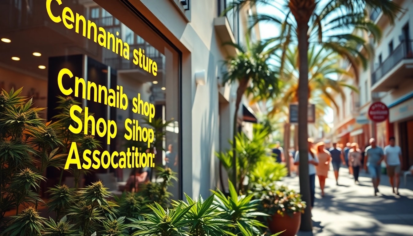Cannabis shop association Lloret de Mar storefront with vibrant plants and welcoming atmosphere.