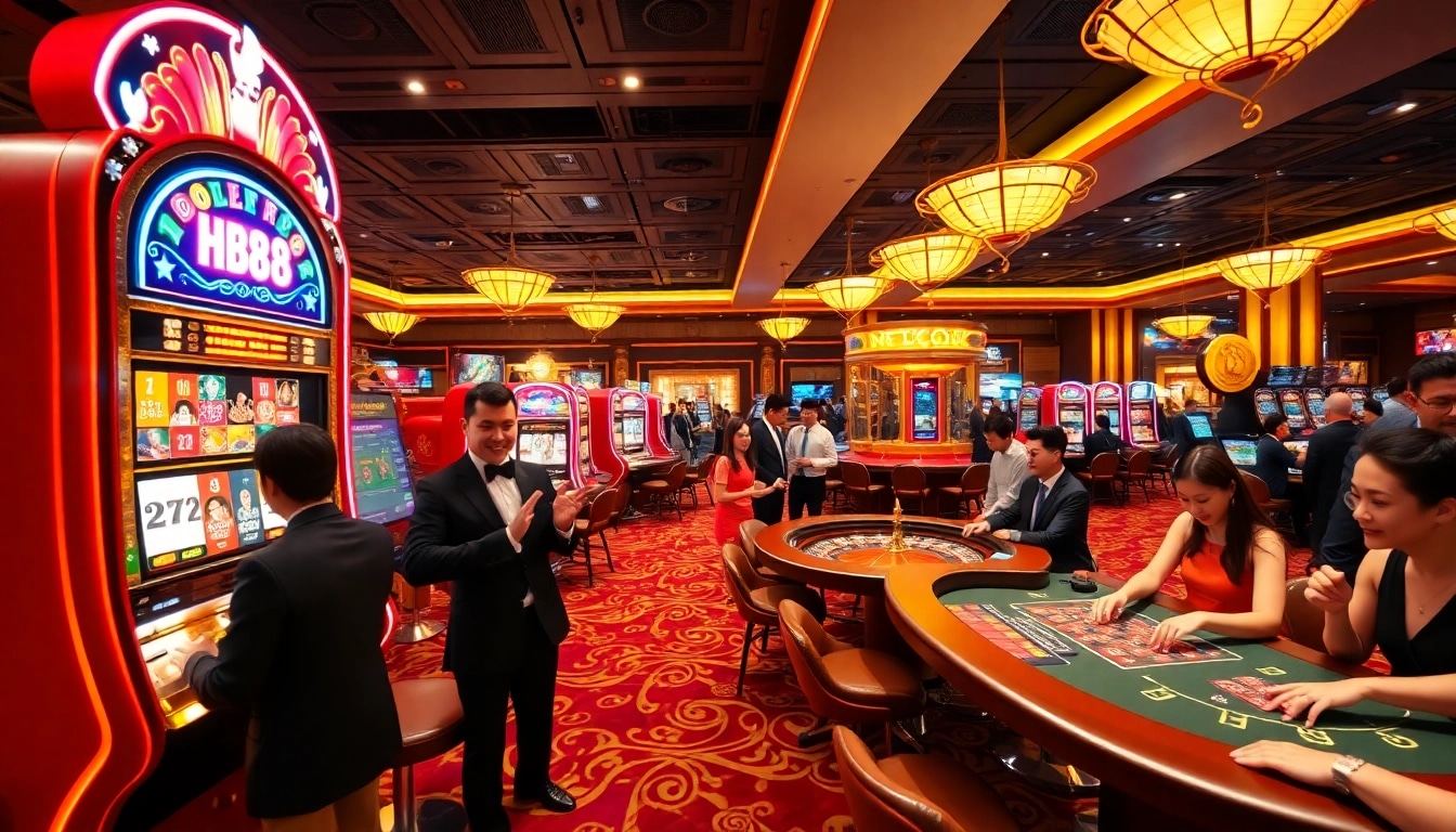 Experience the thrill of HB88 in a bustling casino with vibrant games and excited players.