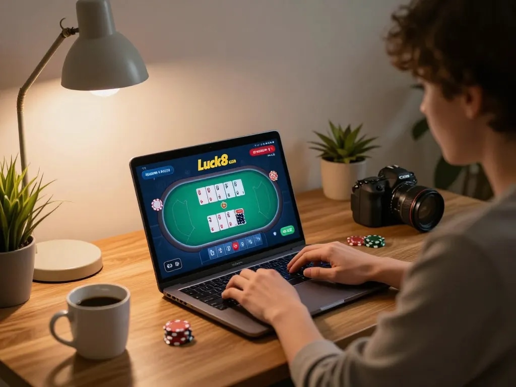 Engaging online poker gameplay on Luck8 com in a cozy home setting, showcasing focused player actions and dynamic screen interface.