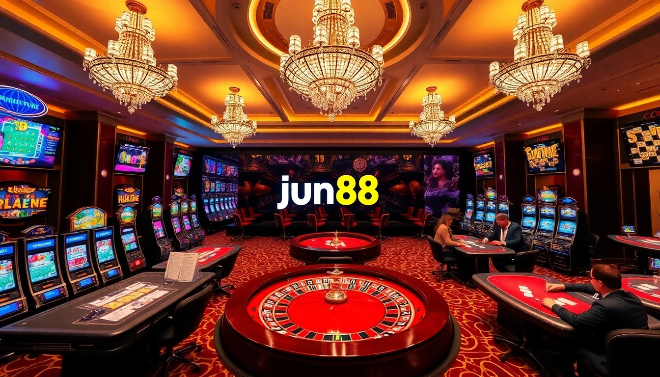 Experience premium gaming at https://jun88pl.com/ with stunning casino visuals featuring vibrant slot machines and elegant players.