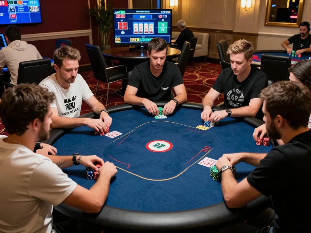 Players strategizing at MM88 online poker table, chips stacked, focused on cards, luxury atmosphere