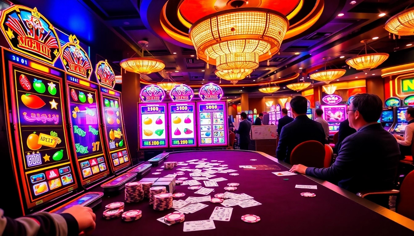 Engaging nổ hũ slot machine game amid vibrant casino atmosphere with players and chips.