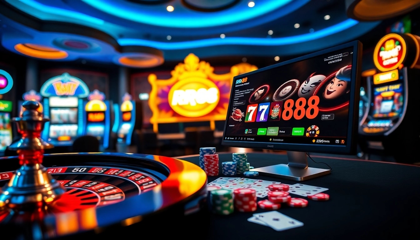 Experience the excitement of RR88's online casino with vibrant slot machines and poker chips.