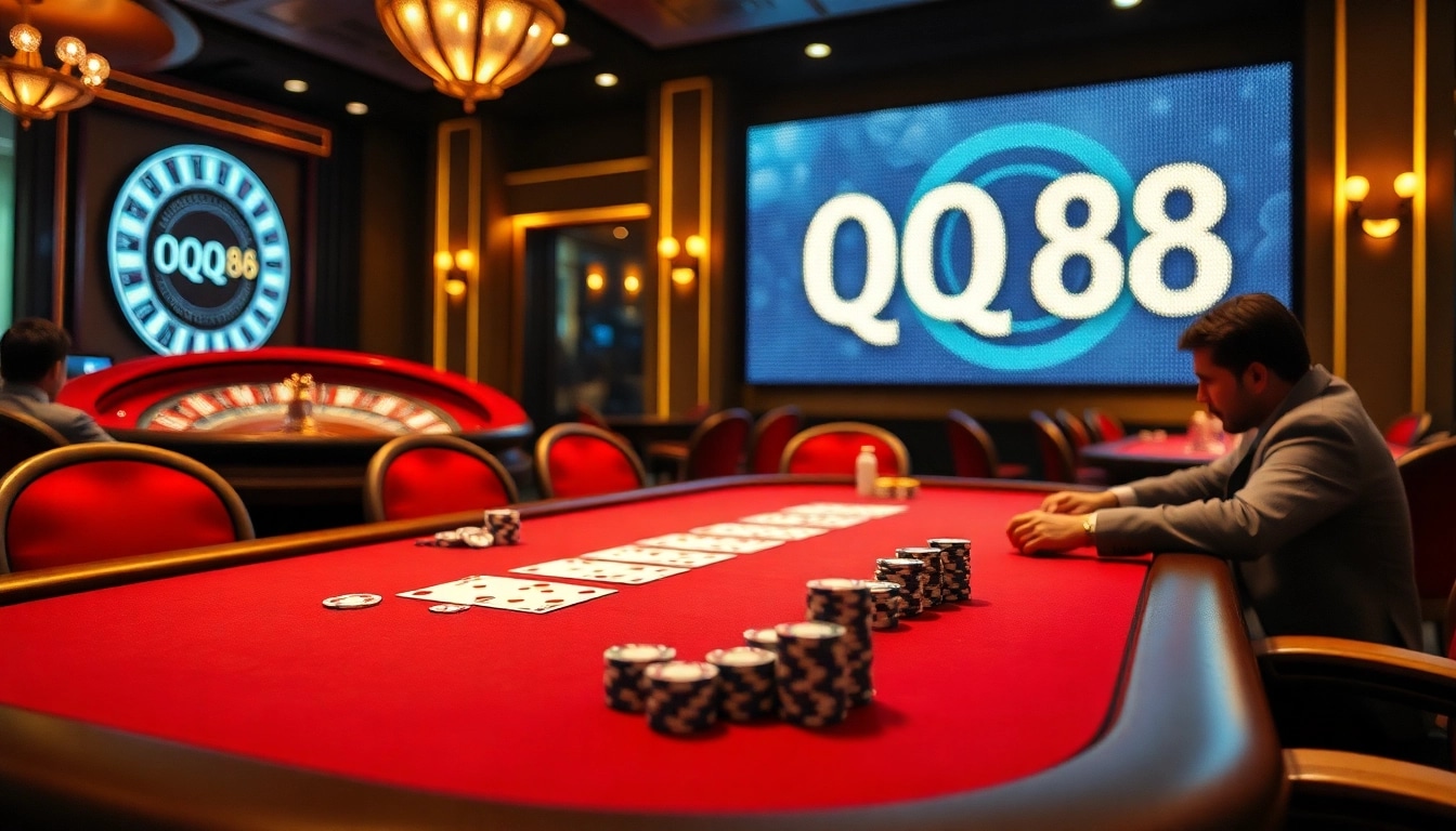 Experience the thrill of QQ88 as players engage at a high-stakes poker table in a luxurious casino.