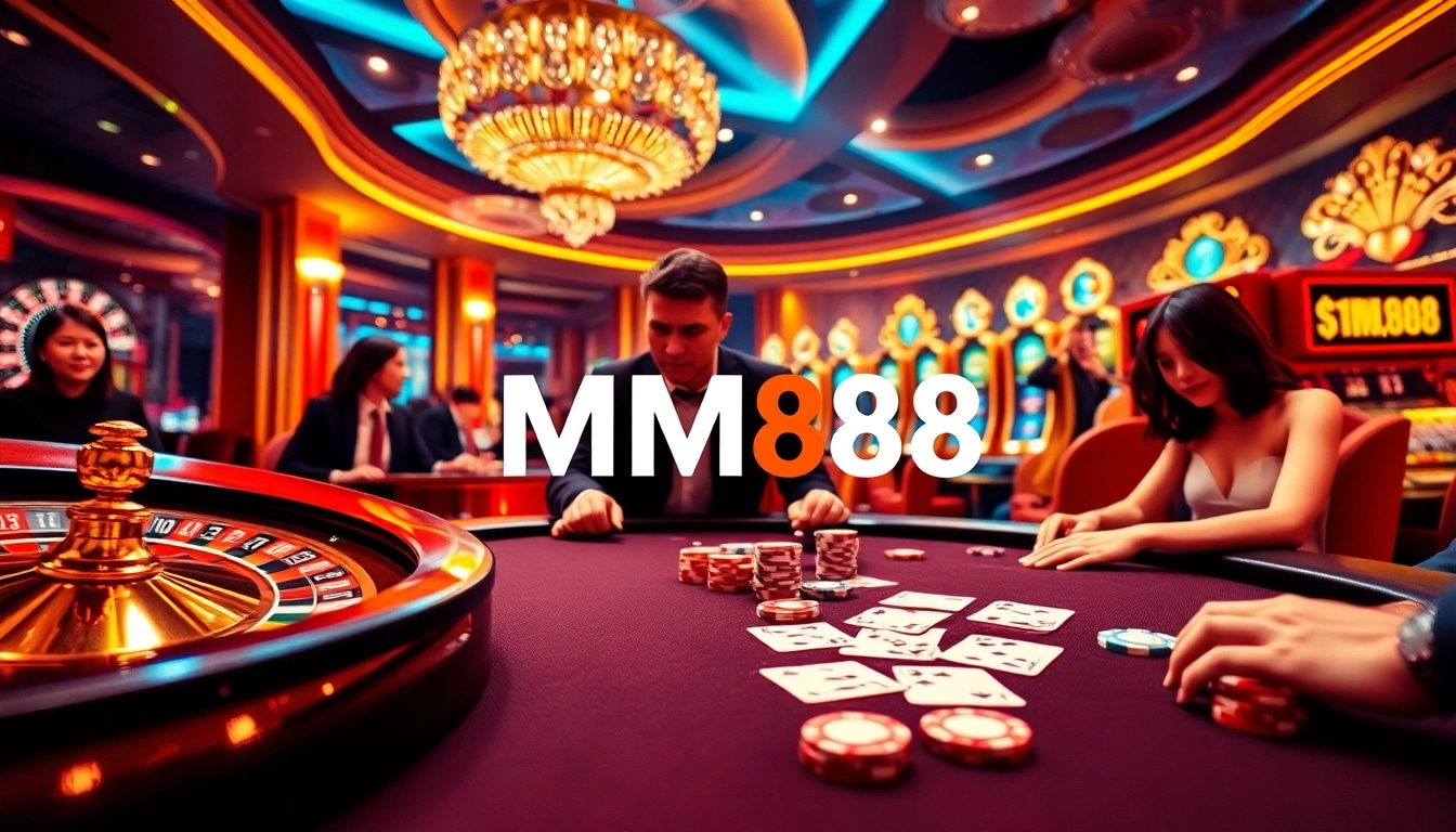 Players at the luxurious MM88 casino enthusiastically engage in poker and roulette.