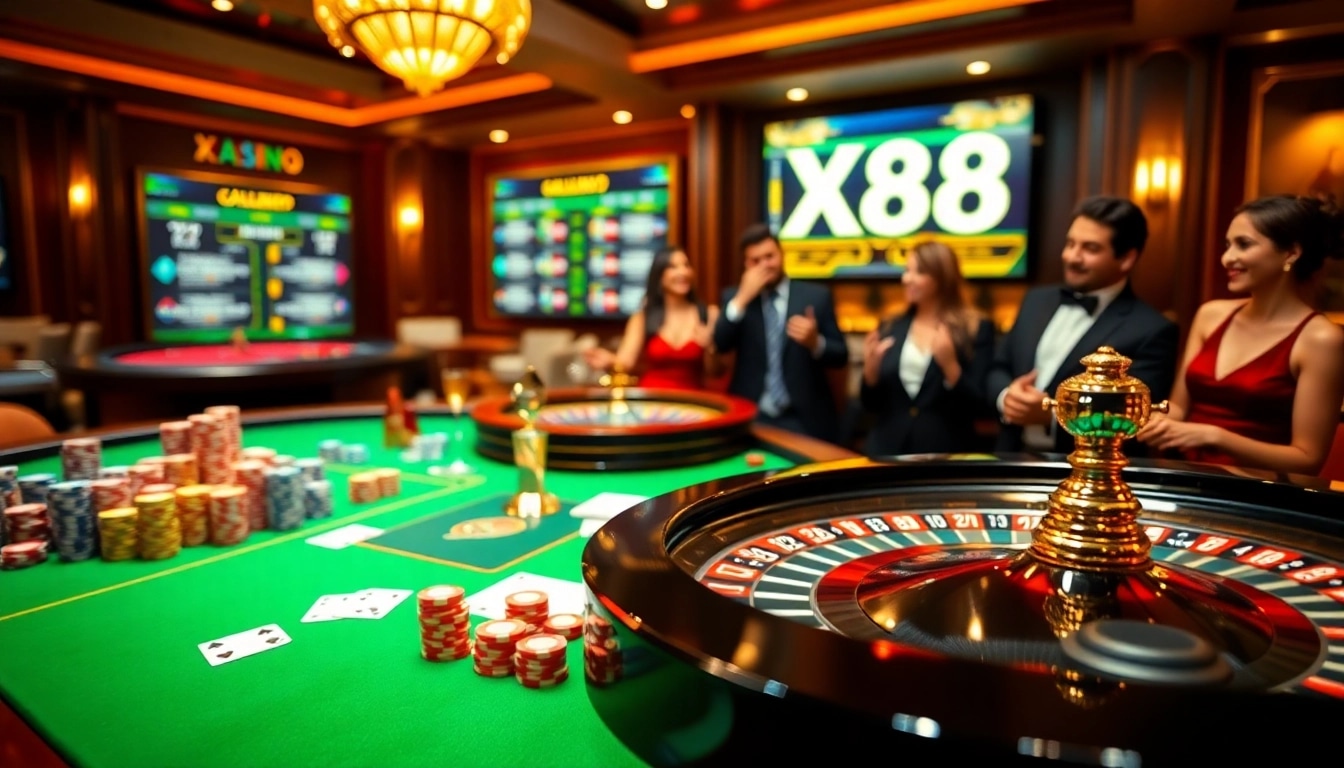 Experience the excitement of gambling at XX88 with vibrant casino elements like poker chips and roulette.