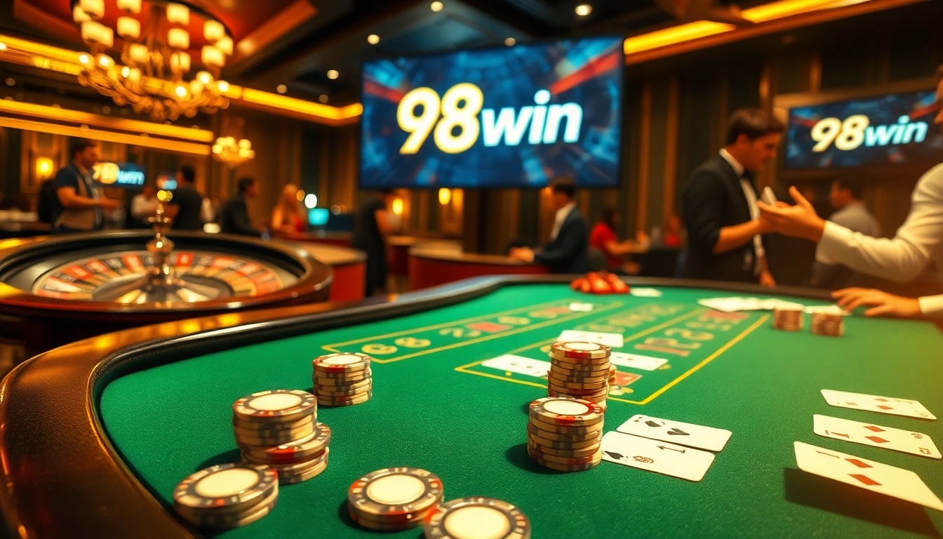 Experience the thrill of 98win with a luxury casino scene featuring poker chips and a roulette wheel.