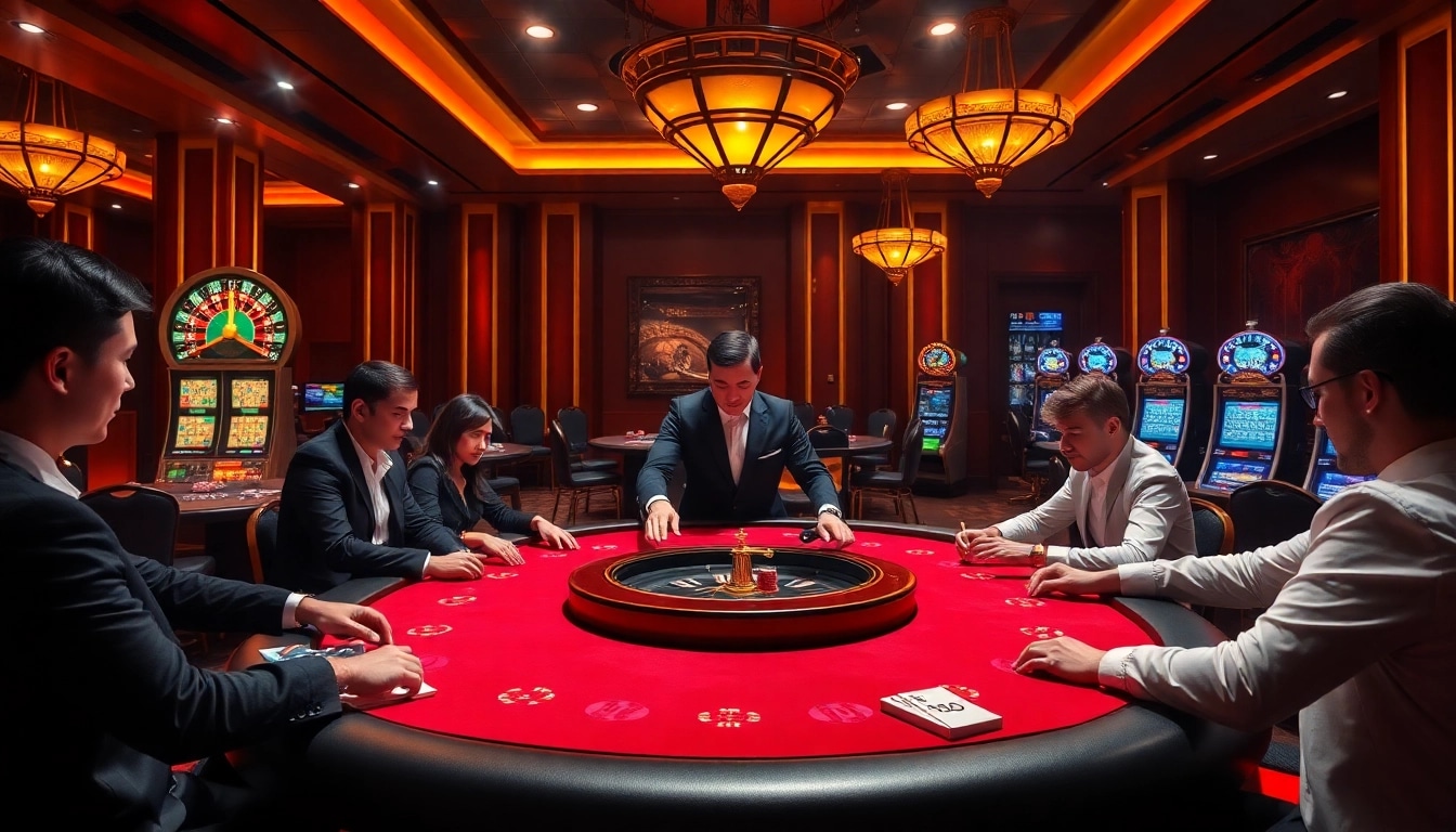 The open88 casino showcases players enjoying high-stakes poker at a luxurious gaming table with vibrant decor.