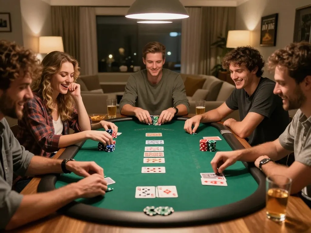 Friends enjoying a poker night, strategizing with tg88com poker chips and cards.