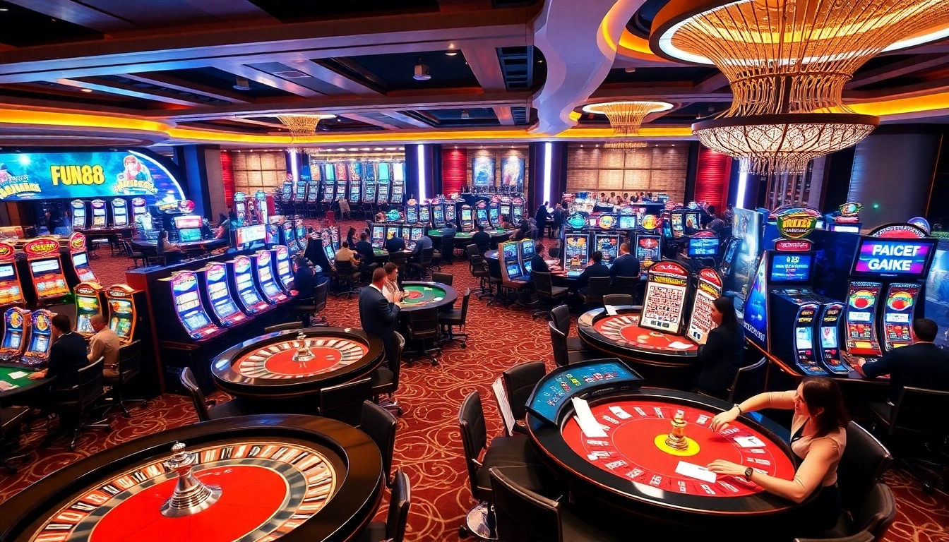 Experience thrilling gameplay at fun88 with an exciting casino atmosphere featuring vibrant gaming tables and players.