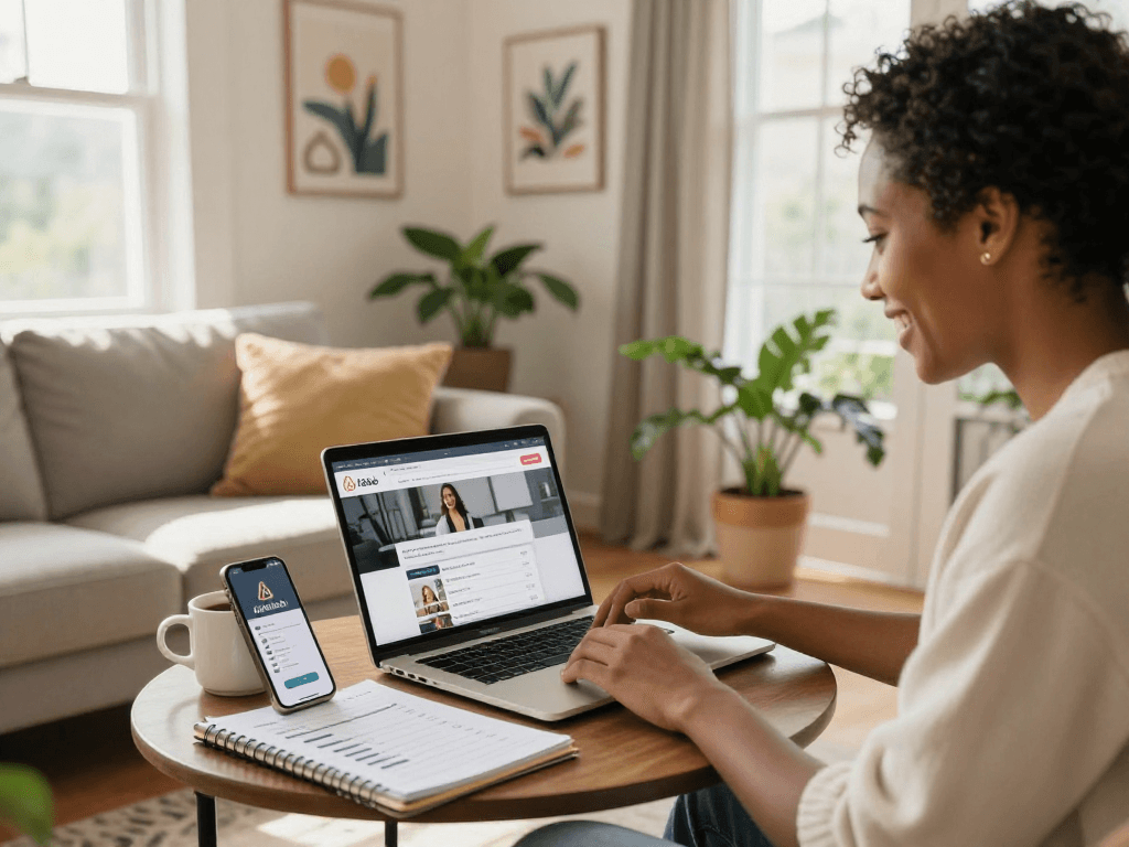 A vibrant Airbnb hosting scene illustrating the airbnb host fees calculator, with a host managing bookings in a welcoming living room.